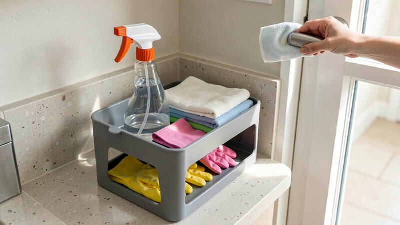 A cleaning caddy with spray bottle, folded cloths and gloves on a counter, a hand wiping a door handle nearby.